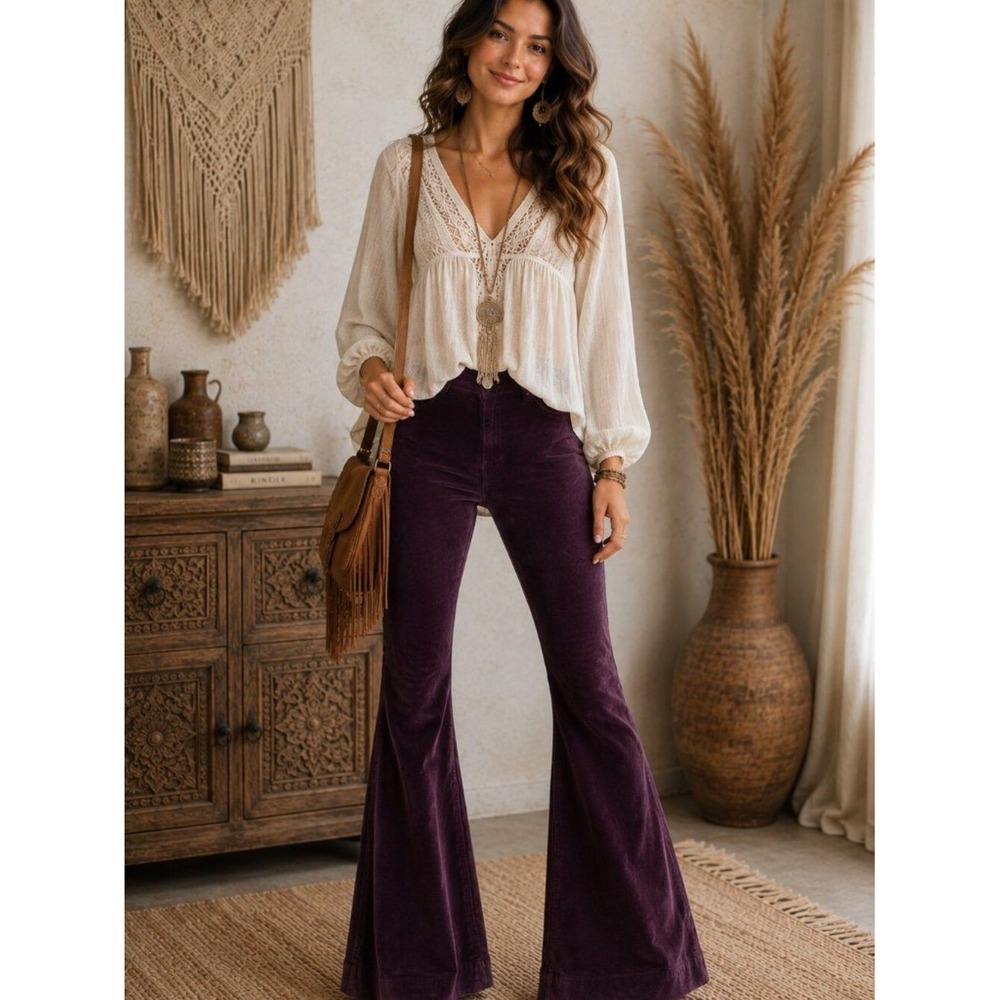 Free People We The Free Just Float On Flare Velvet Pants Burgundy Size 24
